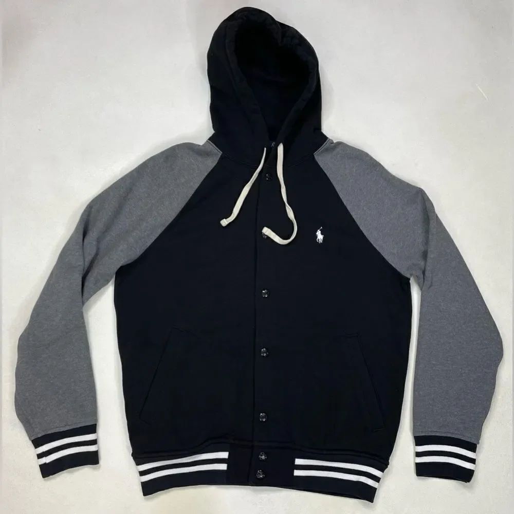 Polo Ralph Lauren Pony Logo Hooded Baseball Sweat Jacket Men Small Black Gray